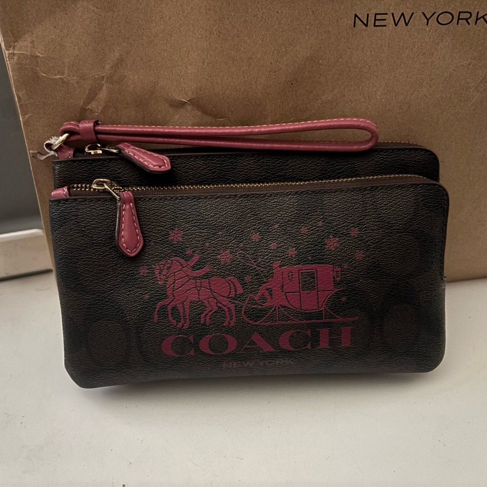 Coach Dark Brown & Pink Double Zipper Wristlet